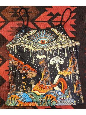 NEW Psychedelic Print Spaghetti Strap Tank Top XXL Surreal Art Design